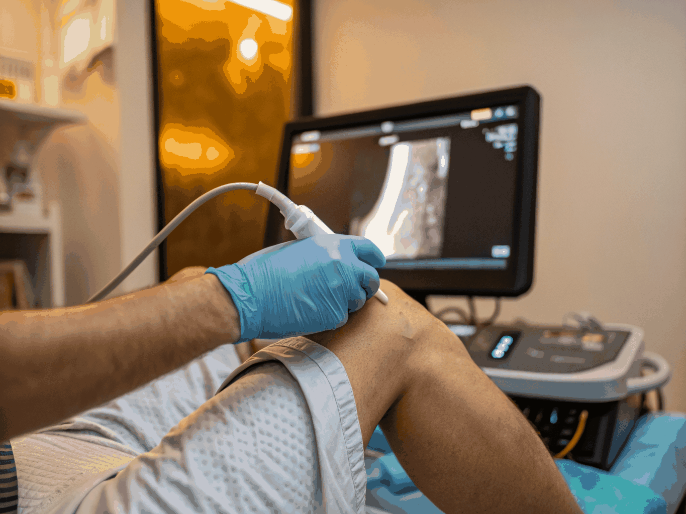 Physician conducting ultrasound-guided needle placement into articular knee joint.
